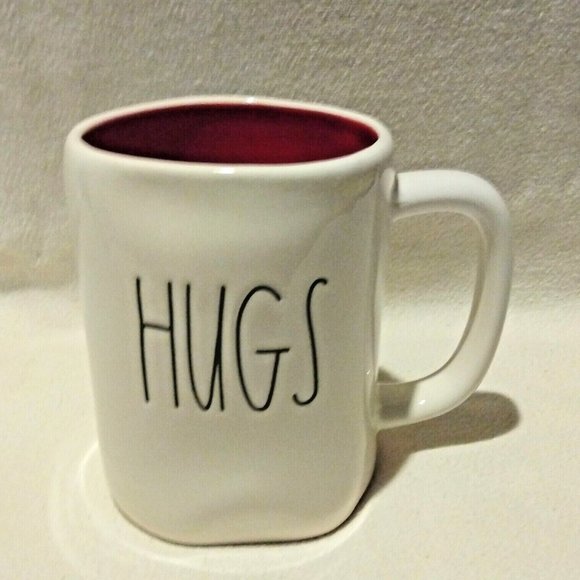 RAE DUNN Magenta Coffee Mug HUGS KISSES Ivory Red - Picture 2 of 4